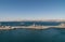 Wide shot on Group of Navy vessels in port of Valparaiso, Chile