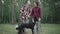 Wide shot of happy man admiring dogs and kissing woman in summer park or forest. Portrait of loving husband enjoying