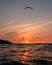 Wide shot of kitesurfer with kite doing a board off trick in front of a orange sunset at the baltic sea