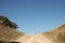 wide shot of long dirt dusty country road leading off into the distance on dry arid drought stricken agricultural farm land, rural