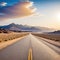 A wide shot of a long road in a desert with mountains and hills illustration