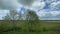 Wide shot out of a window of train, tracking along flat british UK southern England countryside and farmland clouds and blue sky -