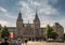 Wide shot of Rijksmuseum towers and central entrance in Amsterdam Netherlands