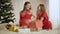 Wide shot of smiling pregnant woman and teenage girl caressing belly sitting on Christmas eve indoors. Portrait of happy