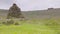 A wide shot of a stack of stones on a hill