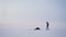 Wide shot of two male silhouettes in profile walking rightwards and one of them falls and another picks him up from snow