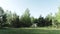 Wide shot of wooden tiny house, wood building hidden among the pine trees, forest, grass. POV, camera moving from wood