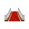Wide staircase with metal handrails and wooden steps covered with red carpet. Element for hotel lobby. Front view. Flat