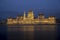 Wide static shot of the Hungarian parliament at night