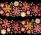 Wide stripes of embroidered flowers on a black background. Large red and orange lilies among tiny flowers. Satin stitch embroidery