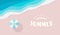Wide summer poster template with text or logo place. Top view of azure sea, beach umbrella and pink sand. Resort and