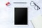 Wide tablet mockup flat lay on old white marble table top view background texture empty space concept above workspace office blank
