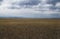 A wide valley steppe plateau with yellow grass and stones under a cloudy sky