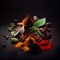 wide variety spices and herbs on background of black table, with empty space,generative ai