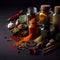 wide variety spices and herbs on background of black table, with empty space,generative ai