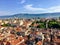 A wide view of the beautiful city of Split, Croatia from high above atop the clock tower in the old town.