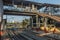 Wide view of curve train tracks and foot over bridge, Chennai, Tamil nadu, India, Mar 29 2017