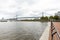 Wide view of the entire Benjamin Franklin Bridge from behind a railing on the Camden Waterfront, New Jersey, USA