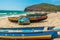 Wide view of fishing boats parked alone in seashore with sea or ocean background, Visakhapatnam, India March 05 2017