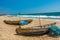 Wide view of fishing boats parked alone in seashore with sea or ocean background, Visakhapatnam, India March 05 2017
