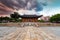 Wide view of Junghwajeon in Deoksugung Palace at sunset. Inscriptions under the roof means Junghwajeon and name the hall. Seoul