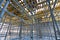 Wide view metalic scaffolding inside building