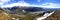 Wide vivid landscape panorama, panoramic view from peak Kristinartindar, Skaftafell Park on valley Morsardalur, river