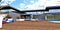 A wide wooden dance floor near the pool on the territory of a country eco-friendly estate with an autonomous power supply system