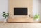 Widescreen TV and wood sideboard in living room, 3D rendering