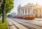 Wiener Ringstrasse with Burgtheater and tram at sunrise, Vienna, Austria