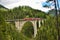 Wiesener Viaduct in the Davos mountains near Filisur. Beautiful old stone bridge with a moving train. Spring Time