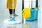Wife housekeeping and cleaning concept, Happy young woman in blue rubber gloves wiping dust using mop while cleaning on floor at