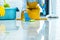 Wife housekeeping and cleaning concept, Happy young woman in blue rubber gloves wiping dust using a spray and a duster while