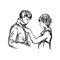 Wife tying necktie of her husband vector illustration sketch han