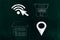 wifi and gps location icons next to house and laptop with caption work from home