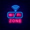 Wifi zone neon emblem. Colorful internet signboard for cafe and bar. Vector stock illustration