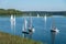 WIGRY, POLAND -  AUGUST 2019: many yachts stand on the pier and prepare for the regatta