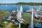 WIGRY, POLAND -  AUGUST 2019: many yachts stand on the pier and prepare for the regatta