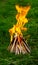 A wigwam made of sticks burns against the background of green gras