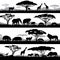 Wild african life. Background silhouettes of different animals and trees