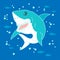 Wild animal icon. shark with little fishes illustration on blue background. hand drawn vector. smiling face with sharp teeth. dood