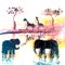 Wild Animal Illustration Elephants and Giraffe at Sunset