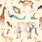 Wild animals and birds - zoo, wildlife - antelope, snake, deer, flamingo, other . Repeating pattern. Watercolor