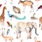 Wild animals and birds - zoo, wildlife - elephant, giraffe, deer, owl, parrot, other . Seamless pattern. Watercolor