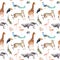 Wild animals and birds - zoo, wildlife - giraffe, cheetah, toucan, flamingo, other. Seamless pattern. Watercolor