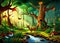 Wild animals and canal in ancient forest in ray of sunlight. AI generative