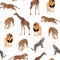 Wild animals giraffe, cheetah, lion, tiger, leopard in savannah. Watercolor style Zoo seamless pattern.