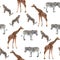 Wild animals giraffe, cheetah, zebra in savannah. Watercolor style  Zoo seamless pattern.