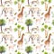 Wild animals - giraffe, elephant, cheetah, antelope in savannah and palm trees. Repeating background. Watercolor