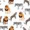 Wild animals lion, cheetah, zebra in savannah. Watercolor style Zoo seamless pattern.